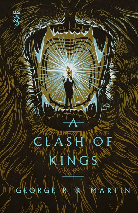 "A Clash of Kings, George R. R. Martin." Eine Illustration zeigt eine Person mit Fackel im gähnenden Maul eines Löwen.