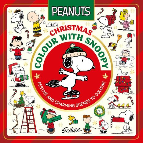 "CHRISTMAS COLOUR WITH SNOOPY" steht in einem Kreis. Darum bunte, fröhliche Szenen mit Snoopy und Peanuts-Figuren.