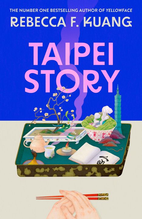 Text: "Rebecca F. Kuang, Taipei Story." Ein Tablett mit Bonsai, Tee, Büchlein und Essstäbchen vor blauem Hintergrund.