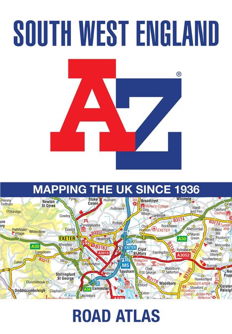 Text: "SOUTH WEST ENGLAND, MAPPING THE UK SINCE 1936, ROAD ATLAS." Großer A-Z Schriftzug und darunter eine bunte Straßenkarte.