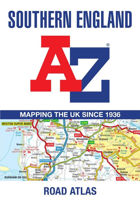 „Southern England“, „A-Z“, „Mapping the UK since 1936“, „Road Atlas“. Karte mit farbigen Straßen und Orten.