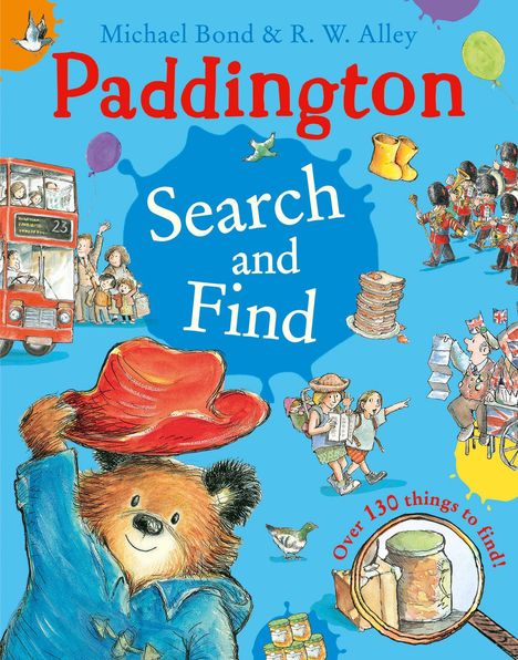 Titel: "Paddington Search and Find". Illustration von Paddington mit rotem Hut, britischen Soldaten und Londoner Doppeldeckerbus.