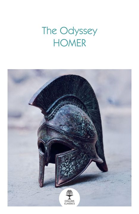 Text: "The Odyssey" und "HOMER". 

Älterer griechischer Helm auf sandigem Boden, Logo darunter.