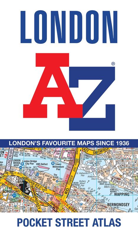 Text: "LONDON A-Z", "LONDON'S FAVOURITE MAPS SINCE 1936", "POCKET STREET ATLAS".  
Ein Stadtplan mit Straßen und Flüssen.