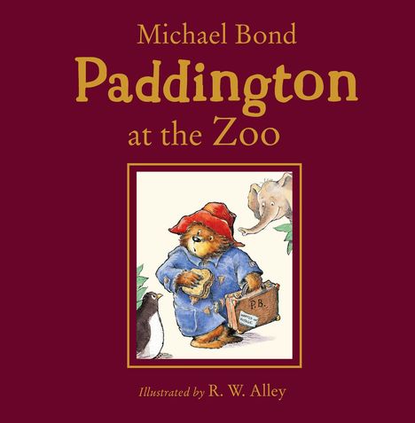 "Paddington at the Zoo" von Michael Bond. Illustration von einem Bär mit rotem Hut, Koffer und einem Elefanten im Hintergrund.