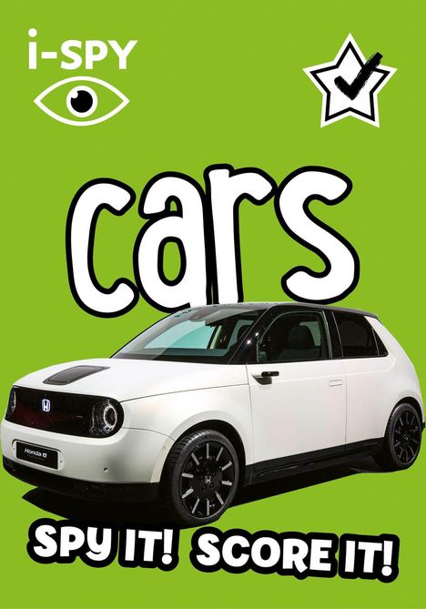 "i-SPY cars. SPY IT! SCORE IT!" Weißes Auto, grüner Hintergrund, dicke Schrift, stilisiertes Auge, Stern mit Häkchen.