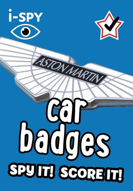 Text: "i-SPY car badges, SPY IT! SCORE IT! ASTON MARTIN." Illustration eines Autologos auf blauem Hintergrund.