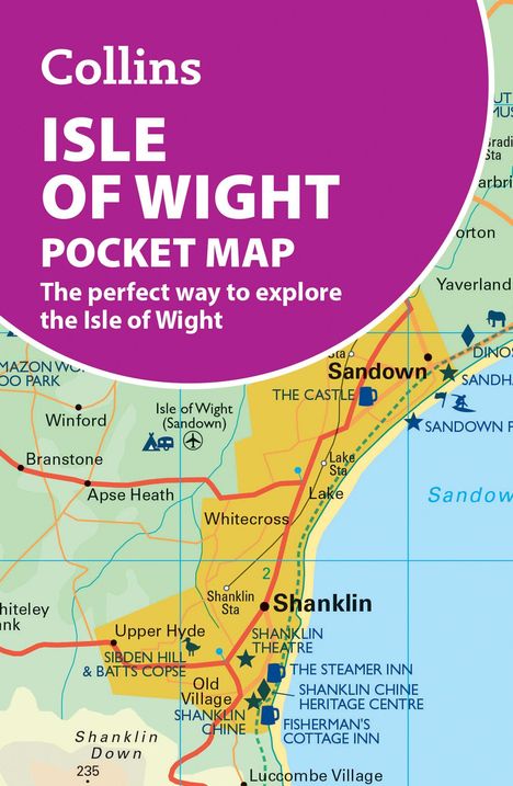 "Collins Isle of Wight Pocket Map" steht oben. Darunter Karte mit Orten wie Sandown und Shanklin, markiert durch Symbole.