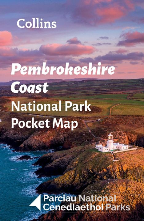 "Collins Pembrokeshire Coast National Park Pocket Map. Parciau National Cenedlaethol Parks." Küstenansicht mit Leuchtturm.