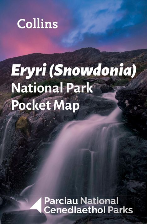 Text: "Collins Eryri (Snowdonia) National Park Pocket Map Parciau National Cenedlaethol Parks." Wasserfall vor Bergkulisse.
