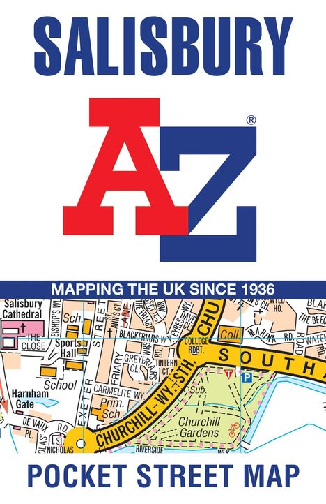 Text: "Salisbury", "Mapping the UK Since 1936", "Pocket Street Map". Logo: "A-Z". Darunter Kartenausschnitt von Salisbury.