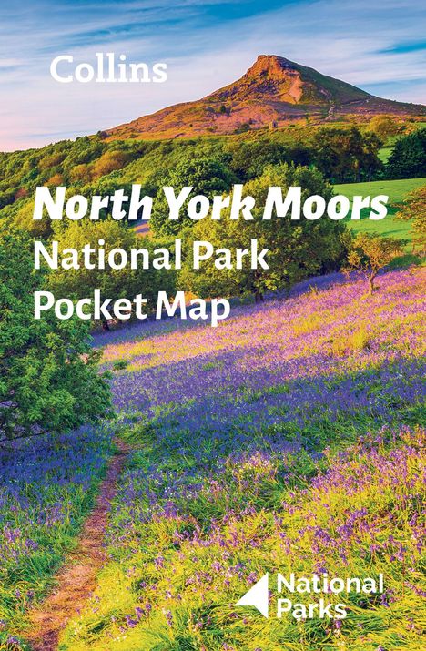 "Collins North York Moors National Park Pocket Map" und ein Logo. Landschaft mit Hügel, lila Blumen und grüne Bäume.