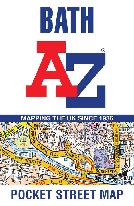 "BATH", "MAPPING THE UK SINCE 1936", "POCKET STREET MAP". Logo "A-Z". Bunter Kartenausschnitt von Bath.