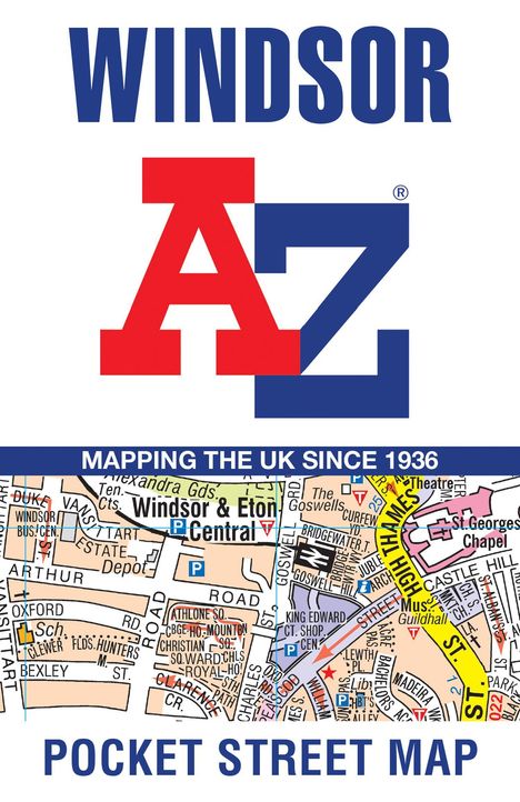 Text: WINDSOR A-Z MAPPING THE UK SINCE 1936 POCKET STREET MAP. Unterer Teil zeigt einen kartierten Stadtplan.