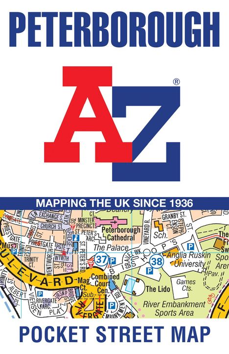 "PETERBOROUGH", Logo "A-Z", "MAPPING THE UK SINCE 1936", Straßenkarte mit Orten wie "Peterborough Cathedral".