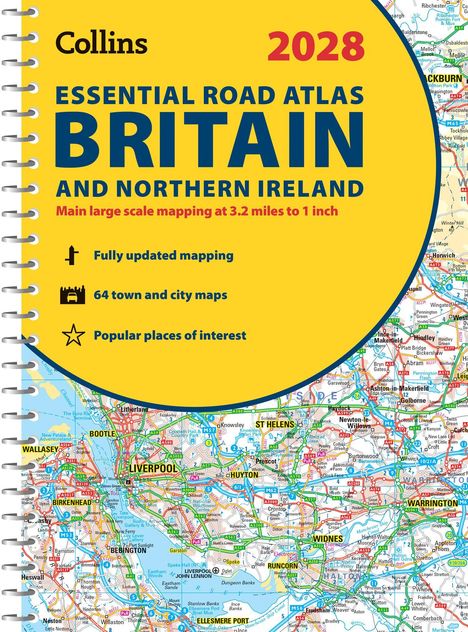 2028 Essential Road Atlas Britain and Northern Ireland, aktualisierte Karten, 64 Stadtpläne, beliebte Orte, Spiralbindung.