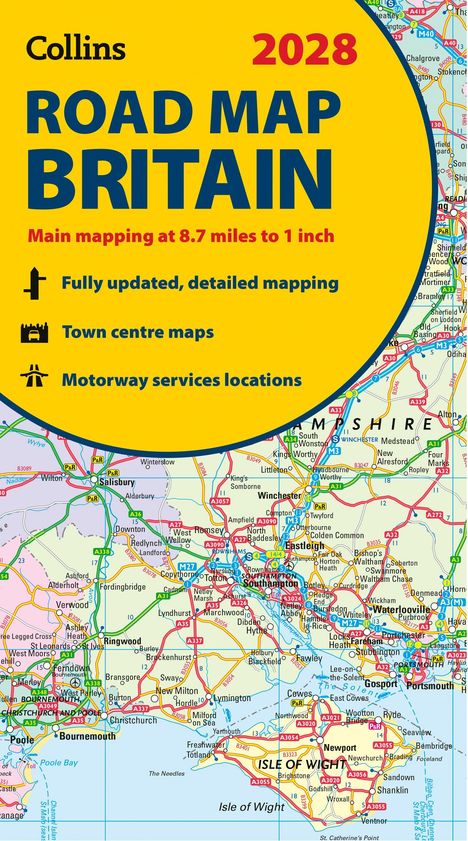 "Collins 2028 Road Map Britain". Gelber Hintergrund, Karte von Südengland, Symbole für detaillierte Karten und Rastplätze.