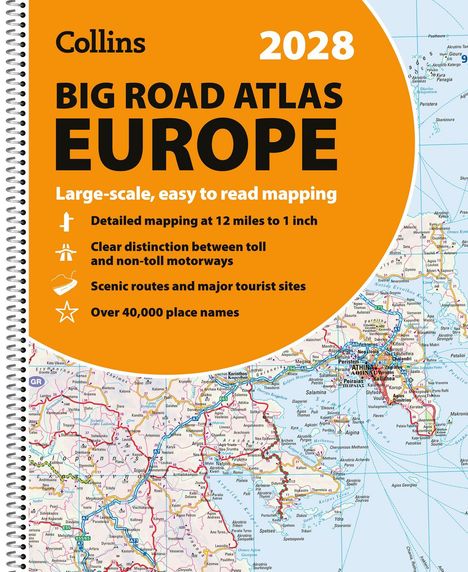 "2028 Collins Big Road Atlas Europe" mit Details über Kartenmaßstab, Autobahnen und über 40.000 Ortsnamen. Spiralbindung.