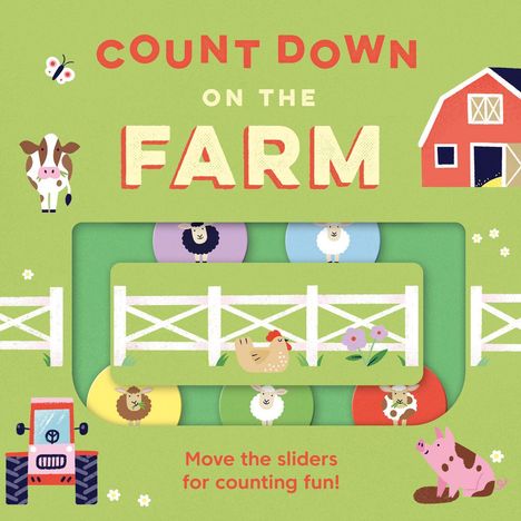 "Count Down on the Farm" und "Move the sliders for counting fun!" Eine Illustration mit Tieren, Traktor und Stalltür.