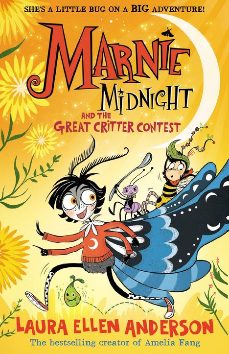 Titel: "Marnie Midnight and the Great Critter Contest". Bunte, fröhliche Insekten unter gelbem Himmel.