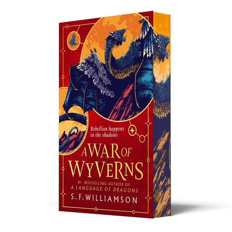 „Rebellion happens in the shadows“; „A War of Wyverns“; Drachenillustration auf rotem Hintergrund.