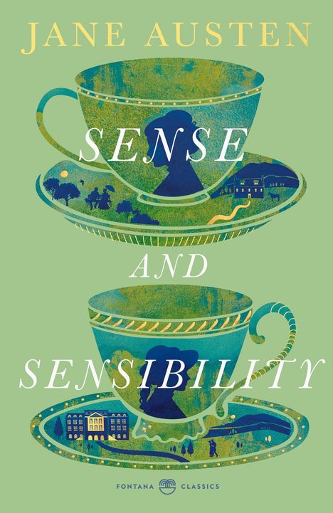 "JANE AUSTEN SENSE AND SENSIBILITY" steht in eleganten Buchstaben. Zwei Tassen mit Landschaften und Silhouetten.