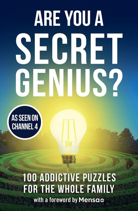 "Are you a secret genius?" und "100 addictive puzzles for the whole family." Eine Glühbirne in einem grünen Labyrinth.