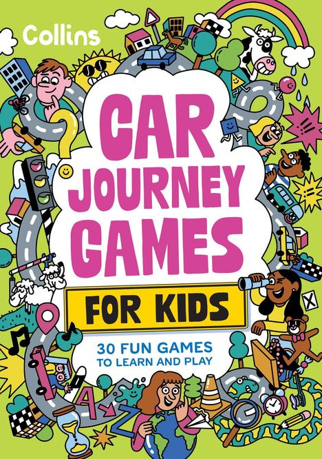 "Collins" oben links. "Car Journey Games for Kids" in großen Buchstaben. Bunte Illustration mit fröhlichen Kindern, Tieren und Autos.