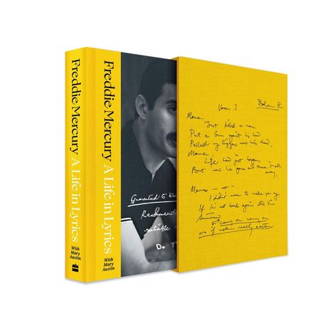 Gelb-schwarzes Buchcover "Freddie Mercury: A Life in Lyrics" mit Songtexten und Porträt einer Person.