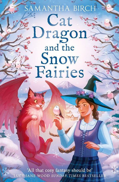 Oberer Text: "SAMANTHA BIRCH". Titel: "Cat Dragon and the Snow Fairies". Illustration: Frau in Zauberhut mit pinkem Drachen.