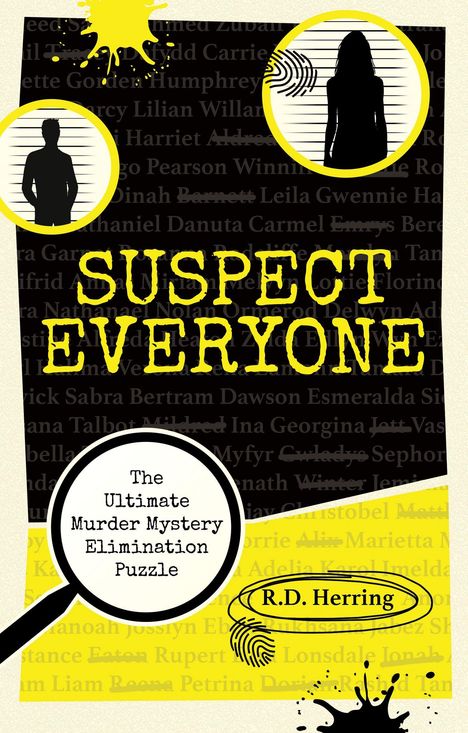 "Suspect Everyone" steht in gelber Schrift. Zwei Silhouetten und Fingerabdrücke in gelben Kreisen. Lupe zeigt auf Text.