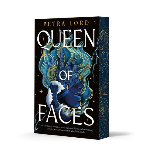 „QUEEN OF FACES“ von PETRA LORD. Illustration: Frauengesicht, Wellen, Schloss, Schmetterling, Sterne.