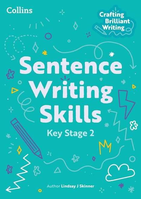 „Sentence Writing Skills, Key Stage 2“. Verspielte Illustrationen mit Stiften und Wolken auf türkisfarbenem Hintergrund.