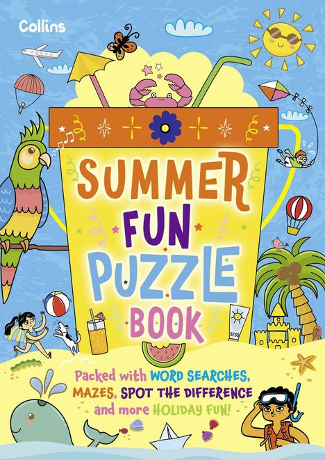 „Summer Fun Puzzle Book“ in bunten Buchstaben. Illustrationen: Papagei, Sonne, Krabbe, Palmen, kindliche Sommeraktivitäten.