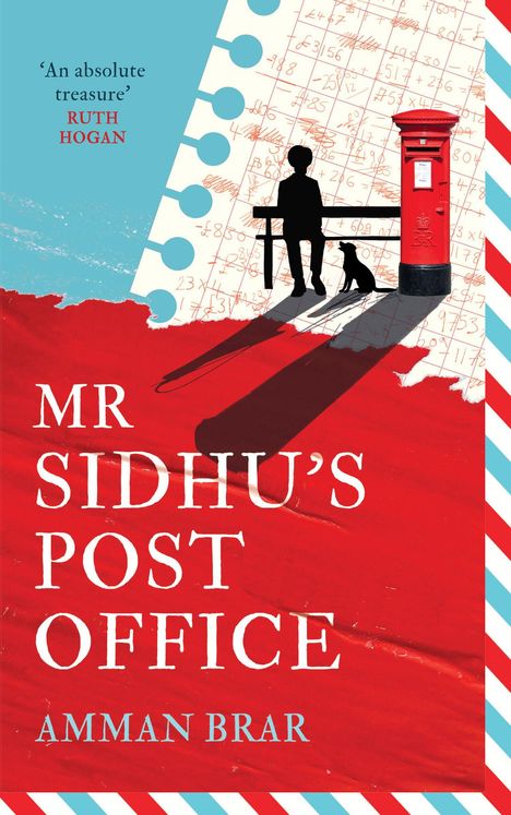 "MR SIDHU'S POST OFFICE, AMMAN BRAR." Silhouette eines Mannes und Hundes, roter Briefkasten, Hintergrund Zahlen und Streifen.