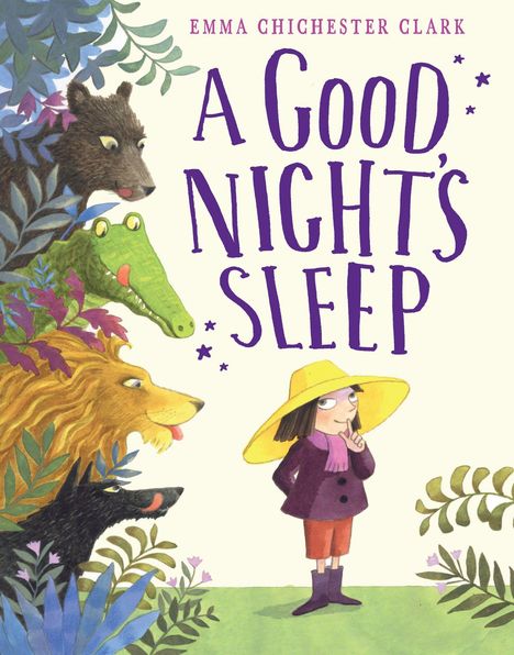 Buchtitel: "A Good Night's Sleep". Illustrativ, mit Kind in lila Kleidung, Hut, umgeben von Tieren hinter Blättern.