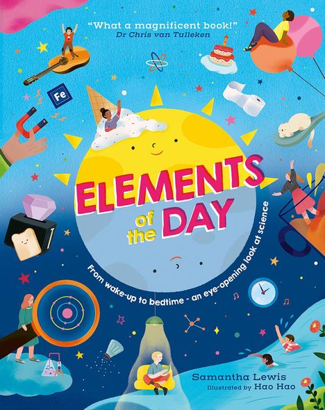 "Elements of the Day" in großer Schrift, farbenfrohe Illustrationen von Personen und Gegenständen; Sonne mit Gesicht.
