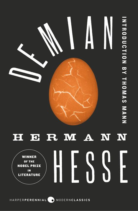 Titel: "Demian". Einführung von Thomas Mann. Ein orangfarbenes, leicht rissiges Ei im Mittelpunkt. Autor: Hermann Hesse.
