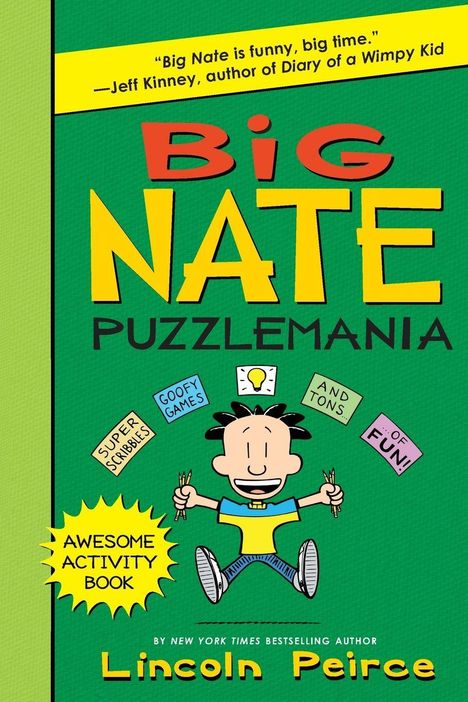 „BIG NATE PUZZLEMANIA“ in großen Buchstaben. Cartoon Junge hält Bleistifte, umgeben von Wörtern wie „GOOFY GAMES“.