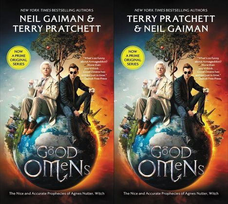 "Good Omens", Autoren Neil Gaiman & Terry Pratchett, Zitat über Apokalypse-Humor, zwei Männer auf Erde, Baum mit Apfel.