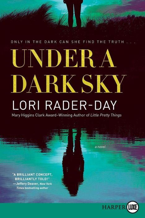 "Under a Dark Sky", Lori Rader-Day. Silhouette einer Figur vor einem Nachthimmel mit Wasserreflexionen. 