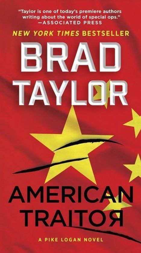 "NEW YORK TIMES BESTSELLER," Brad Taylor, "AMERICAN TRAITOR" auf rotem Hintergrund mit gelben Sternen.