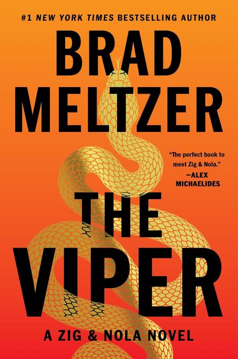 Text: "THE VIPER" - Brad Meltzer, orange Hintergrund, stilisierte gelbe Schlange schlängelt sich durch den Text.
