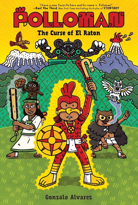 "POLLOMAN: The Curse of El Raton" von Gonzalo Alvarez. Illustration mit Figuren in bunten Kostümen vor Vulkanen.