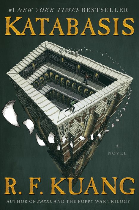 „#1 New York Times Bestseller Katabasis, A Novel, R. F. Kuang“. Eine surreale Illustration mit einem verzerrten Gebäude und fliegenden Blättern.