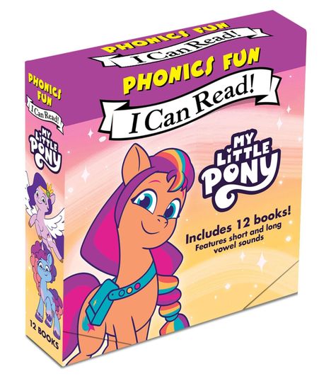 „PHONICS FUN“, „I Can Read!“, „MY LITTLE PONY“. Enthält 12 Bücher. Illustration eines bunten Ponys mit Regenbogenmähne.