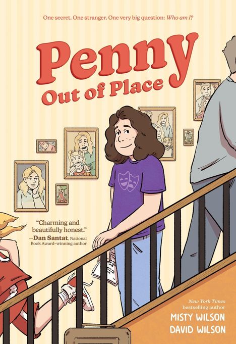 "Penny Out of Place" in großen Buchstaben, begleitet von Illustrationen von Menschen auf einer Treppe mit gerahmten Fotos.