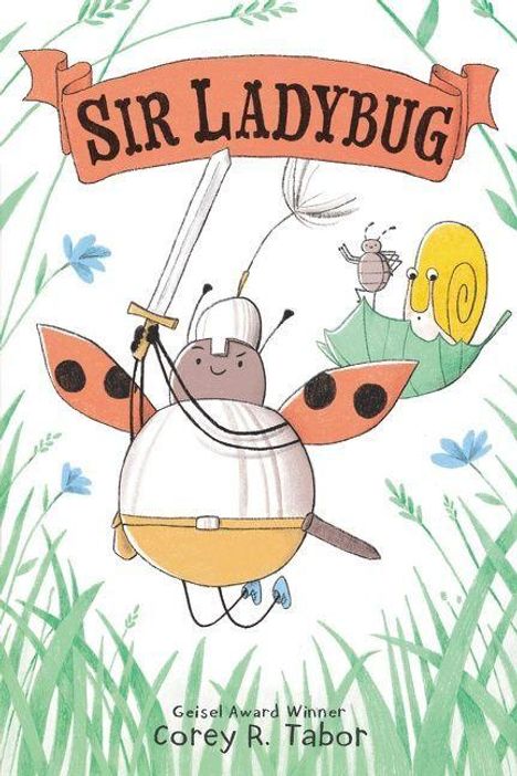 „SIR LADYBUG“ steht in einem Banner. Eine Marienkäfer-Ritterfigur mit Schwert und Helm, daneben eine Schnecke und eine Fliege.
