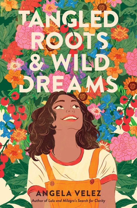 "Tangled Roots & Wild Dreams" ist in großer Schrift über einem bunt blühenden Blumenhintergrund und einer fröhlichen Frau.