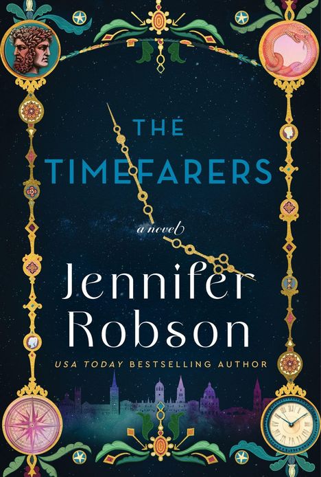 "The Timefarers" von Jennifer Robson. Sternenhintergrund, dekorative goldene Uhrzeiger und Ornamente, darunter Stadtsilhouette.